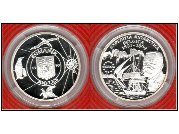 Romania 1999 100 lei Belgica Expedition Racovita Ship Clipper silver proof coin 1999Description: silver 0.925, Weight 29.27g 