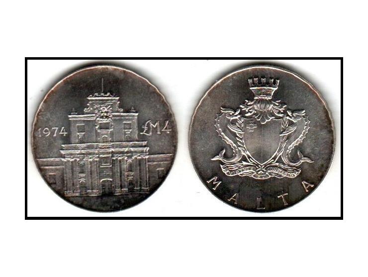 Malta:KM-25, 4 Pounds, 1974 * Cottonera Gate * SILVER * BU *