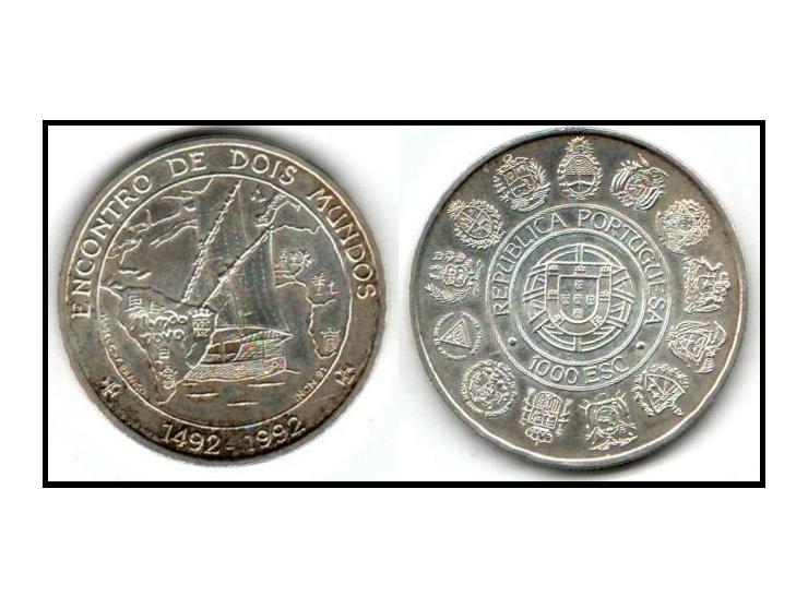 Portugal 1000 escudos Meeting of Two Worlds Ship Clipper Boat silver coin 1992Description: Material: Ag 925Weight (g): 27.0Gr