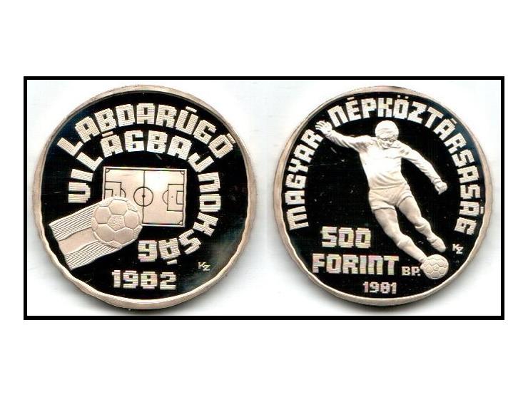 Hungary - FIFA World Cup / World Football Championship 1982.&nbsp;1981 Silver 500 Forint 40mm (27.91 grams) 0.640 Silver (0.5