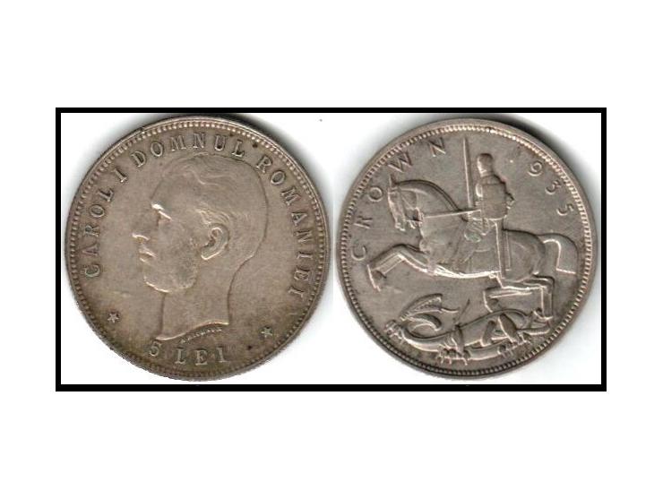 Great Britain, George V, Crown, 1935, London, Silver, AU, KM:842 Head left, St. George slaying the dragon, GEORGIVS VII DEI G