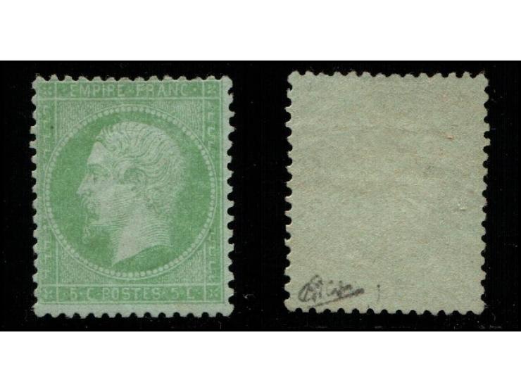 1871, FRANCE YVERT 35 SCOTT 24 "NAPOLEON III 5c GREEN PALE BLUE" MNH VF SIGNED  Calver. Cat euro 4600.
