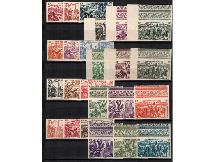 French Colonies 1946 From Chad to Rhine series, Imperforate, Airmails sets:  lot of 5  Imperf. sets, some stamps with larger 