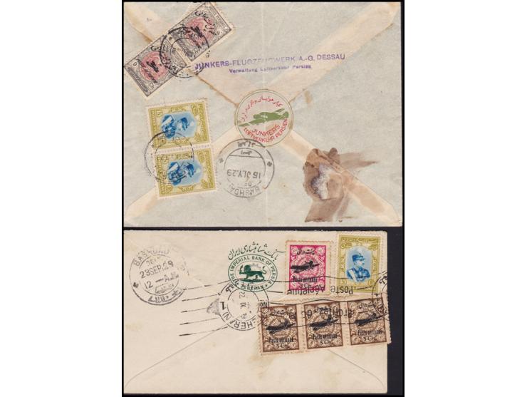 Iran, ,1929 6 diff  Flight covers Teheran to Bagdad, each with a combination of Air mail surcharges, and Shah Pahlav issues. 