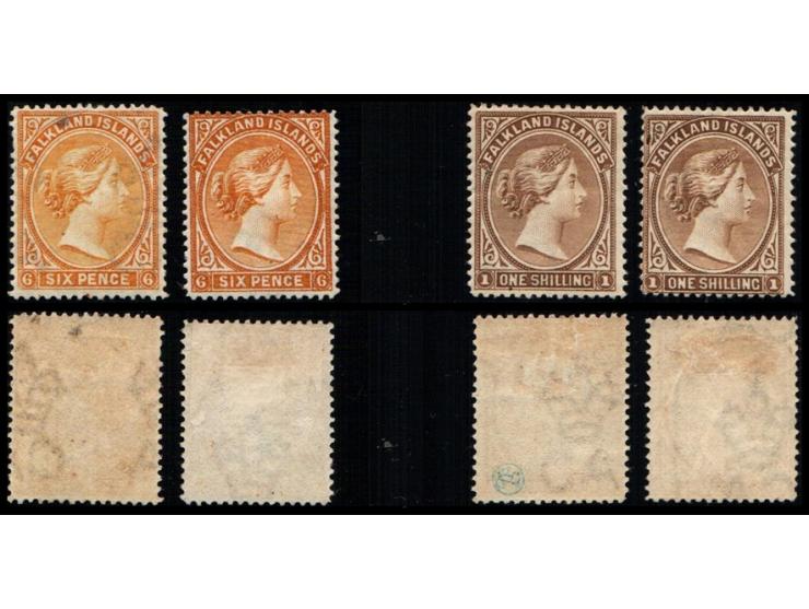 Great Britain, 1881-1883, Queen Victoria – 6 d (x2) orange-yellow &amp; yellow, SG 33/34; 1 s (x2) grey-brown &amp; yellow-br