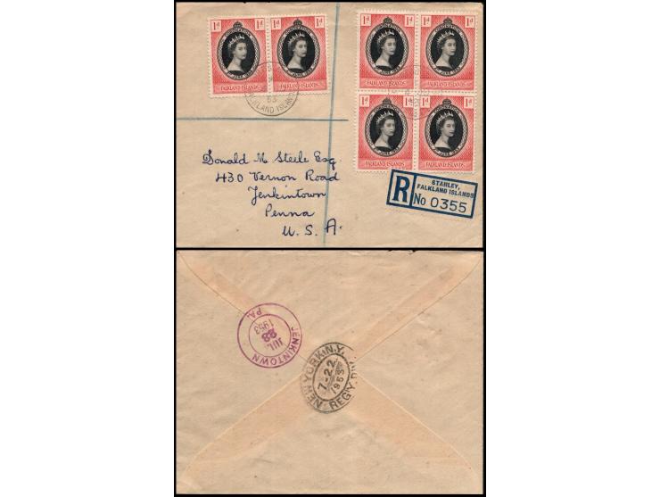 Falkland Islands 1953 – Queen Elizabeth II Coronation Registered Cover to USA posted from Port Stanley, franked with the comp