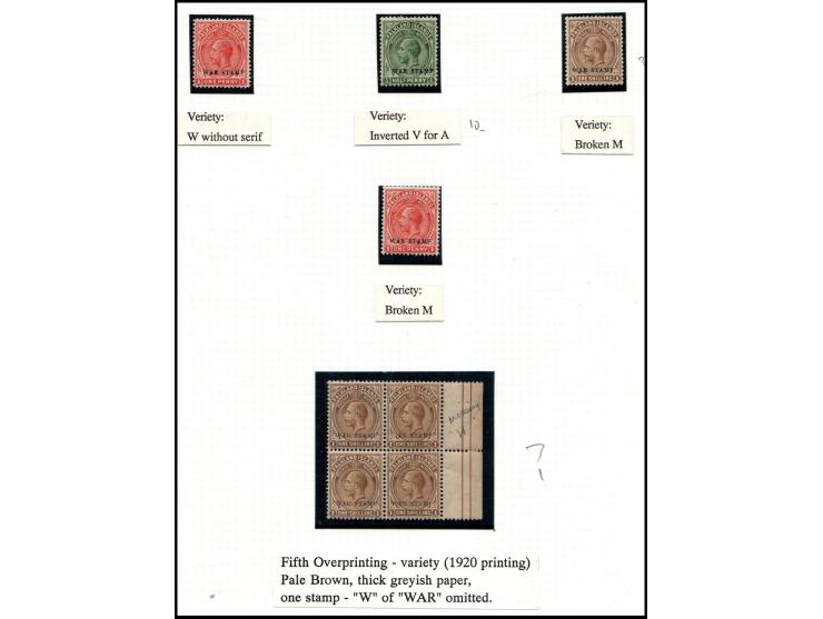 Falkland 1920. lot of 5 items diff Variety: &nbsp;Cat Special # 35 1/2d, Inverted V for A.&nbsp;# 36 W without serif.#36 Brok