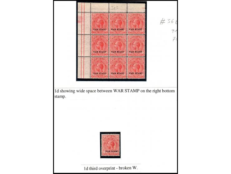 Falkland 1918-20. lot of 2 items different Variety: Cat Special # 36b block of 9 left upper corners 1d showing wide space bet