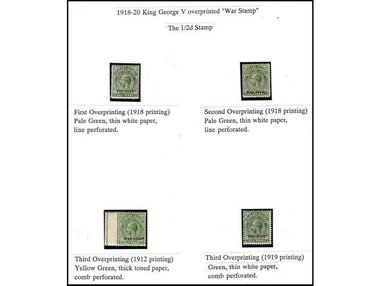 Falkland 1912-20 King George V "War Stamp" organized in 3 pages.(1) 4 stamps of The 1/2d stamp diff paper and diff perf. Over