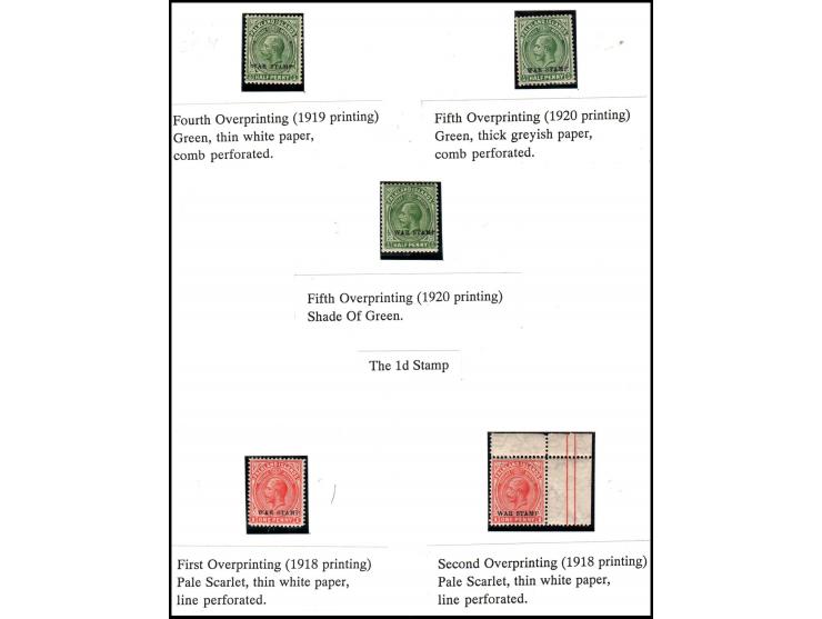 Falkland 1912-20 King George V "War Stamp" organized in 3 pages.(1) 4 stamps of The 1/2d stamp diff paper and diff perf. Over