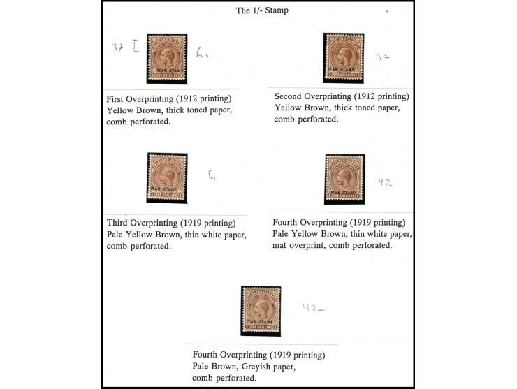 Falkland 1912-20 King George V "War Stamp" organized in 3 pages.(1) 4 stamps of The 1/2d stamp diff paper and diff perf. Over