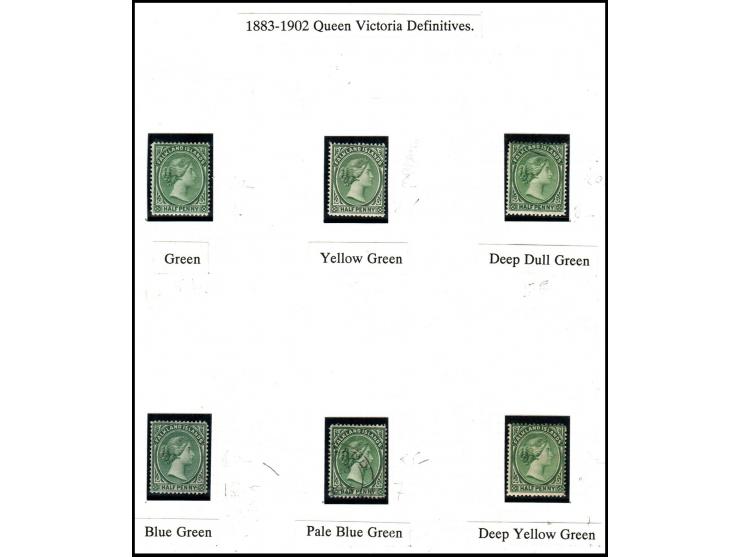 Falkland 1883-1902 Queen Victoria Definitives.Cat # 5, 1/2d 6 stamps diff colors.&nbsp;Cat # 7, 2d 2 stamps diff colors.&nbsp