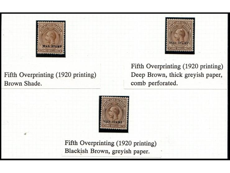 Falkland Islands – 1920 King George V "War Stamp" 1 Shilling, SCF 36d, Three Types – Fifth overprinting (1920 printing) in: B