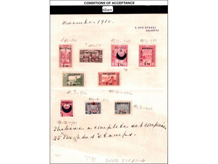 Baghdad, 1917. (September 1st), lot of 9 stamps affixed to a sheet of paper with a heading indicating "3 KUYD STREET CALCUTTA