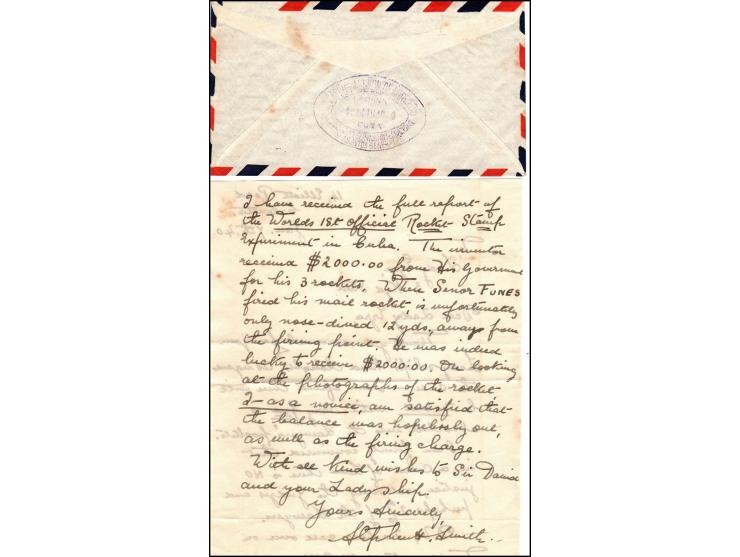 Letter from Stephen H. Smith to Lady Ezra,  concerning the First Rocket Mail Experiment at Havana,  Cuba,  which failed.