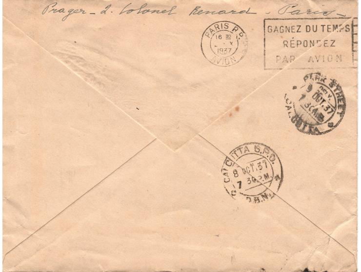 France 1934 (Oct. 2) Airmail cover Paris to Calcutta,  Label single line white on blue "Par Avion",  various postage stamps c