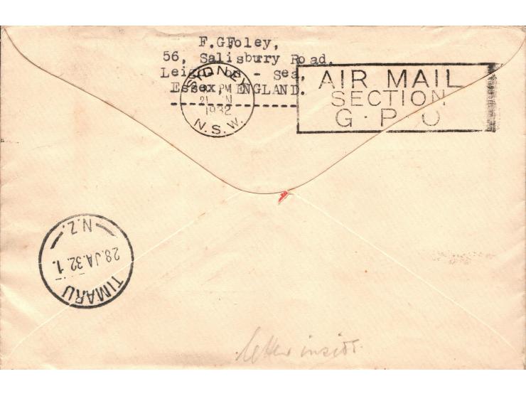 1931 UK to Australia/NZ, cover properly franked with postage rate for the flight  1s 4d per ½ oz.  Postmarked  London Dec. 21