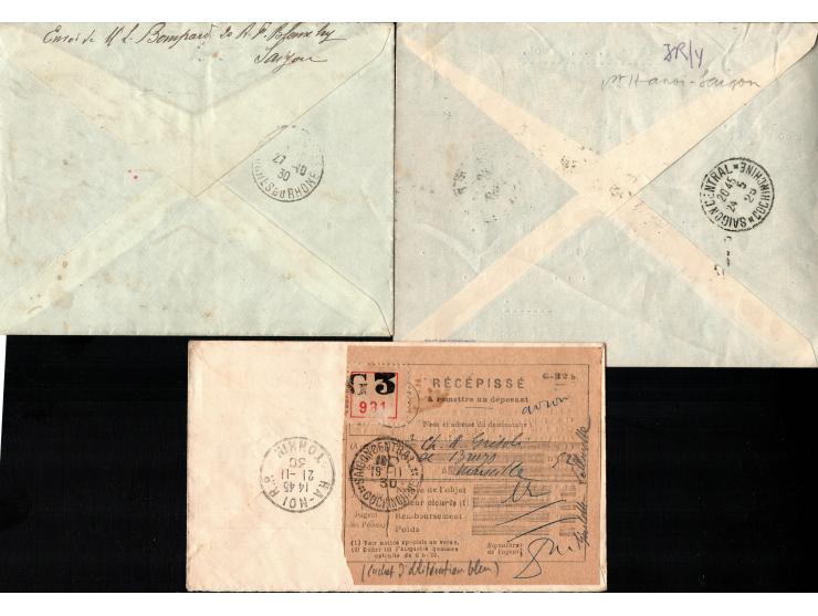Indochina Flight Covers 1929 - 1930,  3 Registered Airmail covers w. transit and arrival postmarks :
1) 1929 return flight by