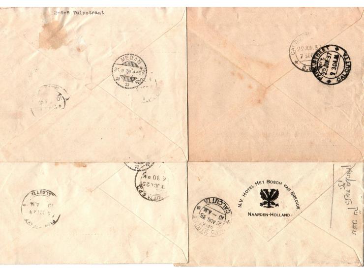 Netherlands 1929 // 1937 group of 6 airmail covers: Two Registered Airmail Covers from Amsterdam Netherlands to Calcutta Neth