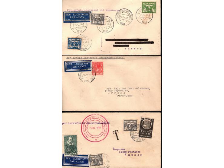 Netherlands 1933 lot of 3 airmail 7 1/2 ct franking covers with airmail labels and arrival cds:
1)1933 KLM 1st flight TO Belg
