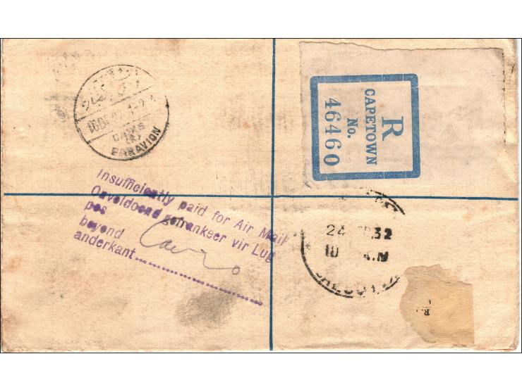 South Africa 1932 (Dec. 6) Cape Town to Calcutta via Ciro , signed cover.  mixed franking of 1932 Pictorials 3d bilinguals (x