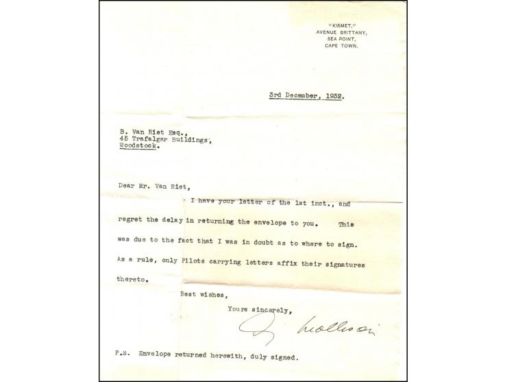 South Africa 1932 (Dec. 6) Cape Town to Calcutta via Ciro , signed cover.  mixed franking of 1932 Pictorials 3d bilinguals (x
