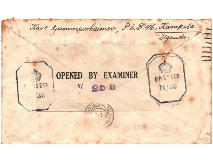 Uganda 1942 Refugee Camp Post P.6 B.46 KAMPALA censored airmail cover to Tel Aviv, Palestine Scott KUT #77, 79(x2). Some stai