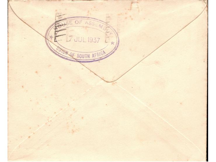 Great Britain 1937, (JNE. 26). First Air-borne Mail cover  London to  Cape Town South Africa.  bearing 1-1/2d 1937 King Georg