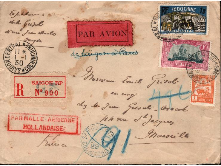 Indochina 1930 airmail covers:
1) 20th Anniversary of First Flight December 1930 commemorative cachet struck with blue ink on