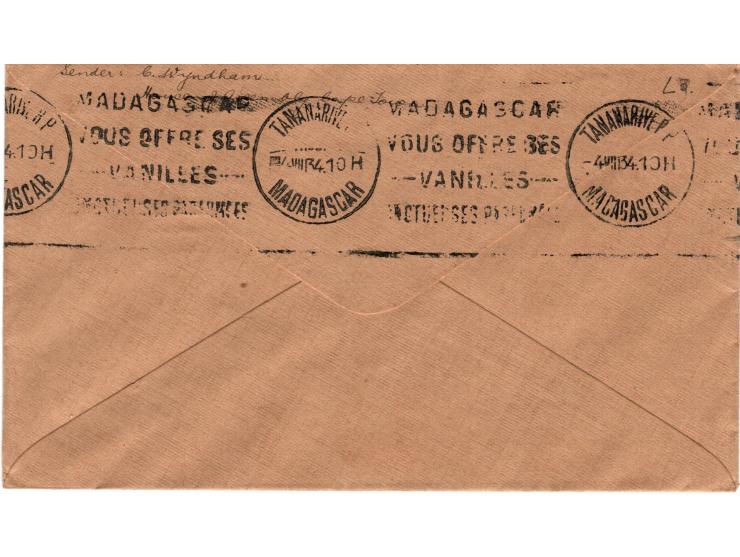 South Africa 1934 (July 31) First Flight to MADAGASCAR via Broken Hill. Air mail cover bearing mixed franking of 1d. + 1d.+2d