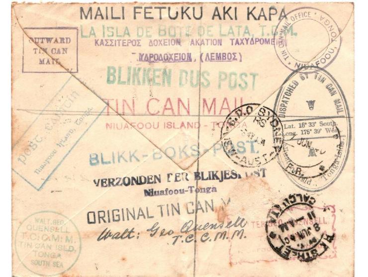Toga Niuafoou 1938, Walter Quensell's Tin Can Mail.  Signed on reverse,  Niufoou Island Reg mail to India Calcutta correctly 