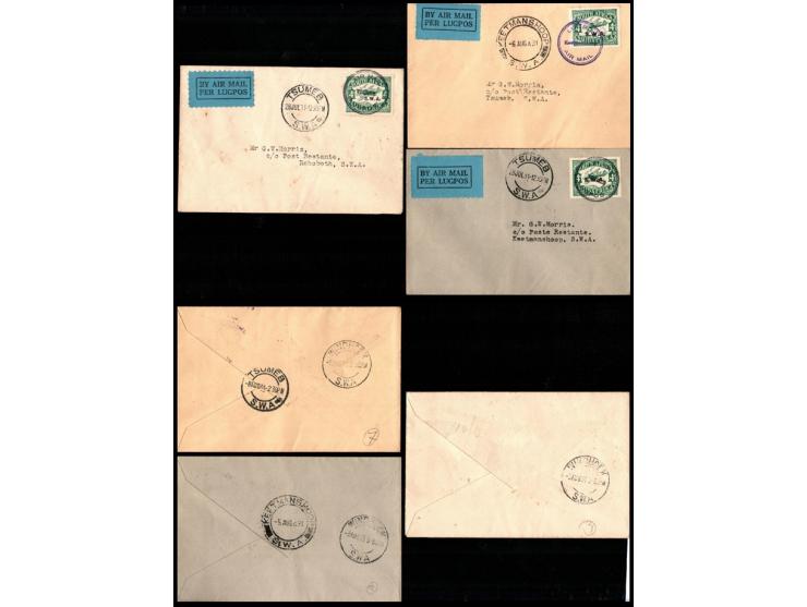 South Africa 1930 // 1931 group of  7 airmail covers all franked w. 1930 overprinted S.W.A. 4d. stamp #C1, locally posted , a