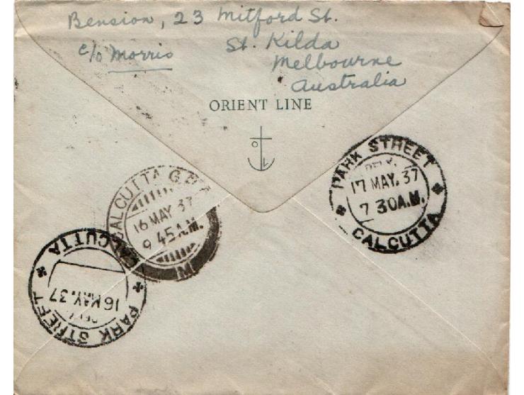 Australia 1937 Maritime Fremantle WA Paquebot (Machine Mark) tying 1 1/2d. stamp to Calcutta India. cover carried on Orient L