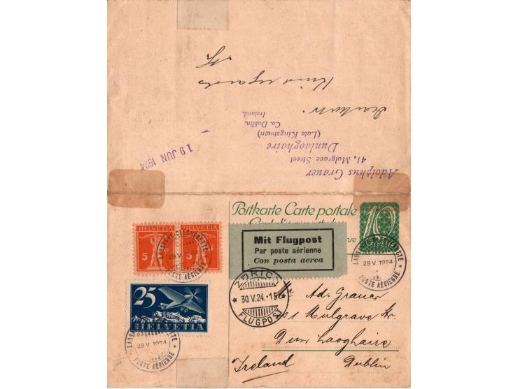 Switzerland 1924, postally used reply card w. mixed multi franking on 10h Swiss card. 1) Baile Átha Cliath(Dublin) to Zurich 