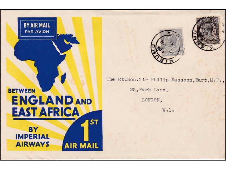 Uganda 1931, 1931 (Mar 10) Imperial Airways first airmail service East Africa-London, Kisimu-London, official yellow &amp; bl