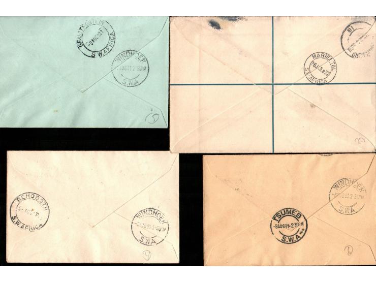 South Africa 1931-1937, group of 11 Airmail covers to England and India bearing diff stamps:
S.W.A 1931 10d Air Black &amp; P