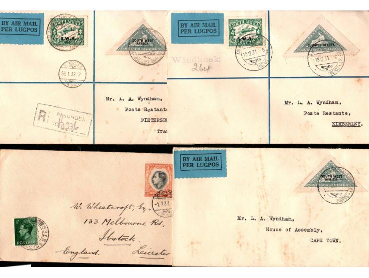 South Africa 1931-1937, group of 11 Airmail covers to England and India bearing diff stamps:
S.W.A 1931 10d Air Black &amp; P