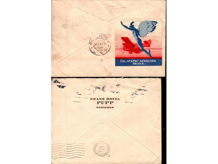 Czechoslovakia 1929//1934  group of 6 airmail covers: 5 of which locally posted and to England, franked w. diff combinations 