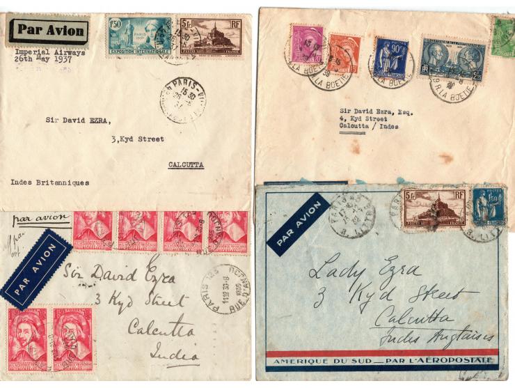 France 1930 // 1938, group of 8 airmail covers to India and England, mixed  and multi franking, airmail labels, diff. transit