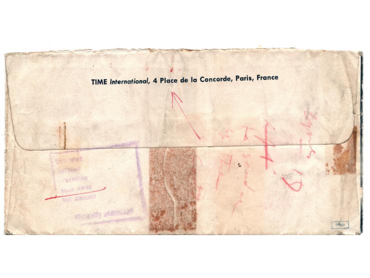 An envelope was sent from the Time press company in France (large red stamp 15.10.48) and was received at the United States E