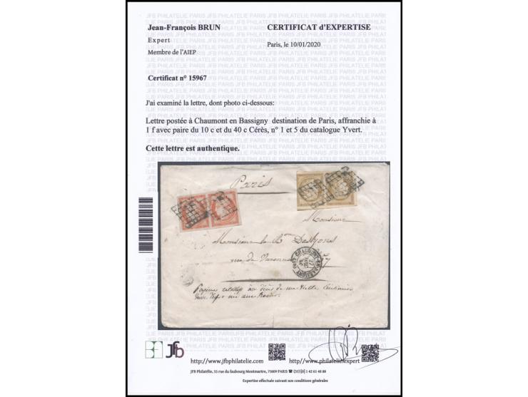 1850, Letter sent to Chaumont en Bassigny destination of Paris, stamped at 1 f with pair of 10c and 40c Ceres, # 1 and 5 from