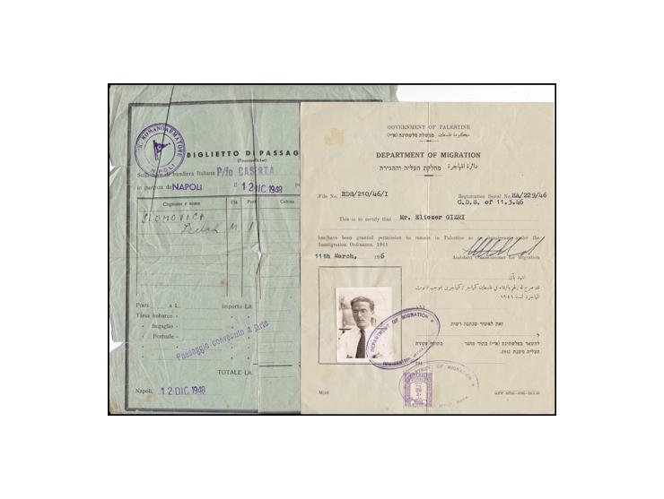 1946-1949, a group of 5 immigration documents from a group of Holocaust survivors from several European countries to Israel.
