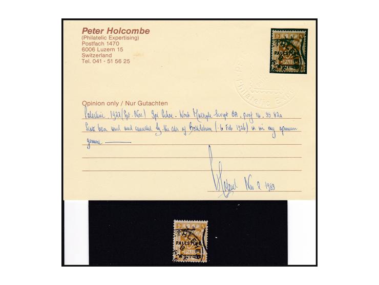 1921 POSTAGE STAMP, 20p. Pale Grey, w/Overprint "Palestine" in Arabic English and Hebrew, LONDON I BA-70. Attached is an phot