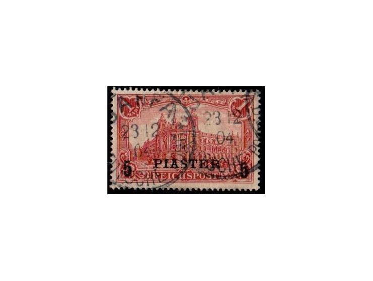 1900 5 Pia. on 1 Mk. in overprint type II, with PLF "color line from the right window to the right edge of the picture", clea
