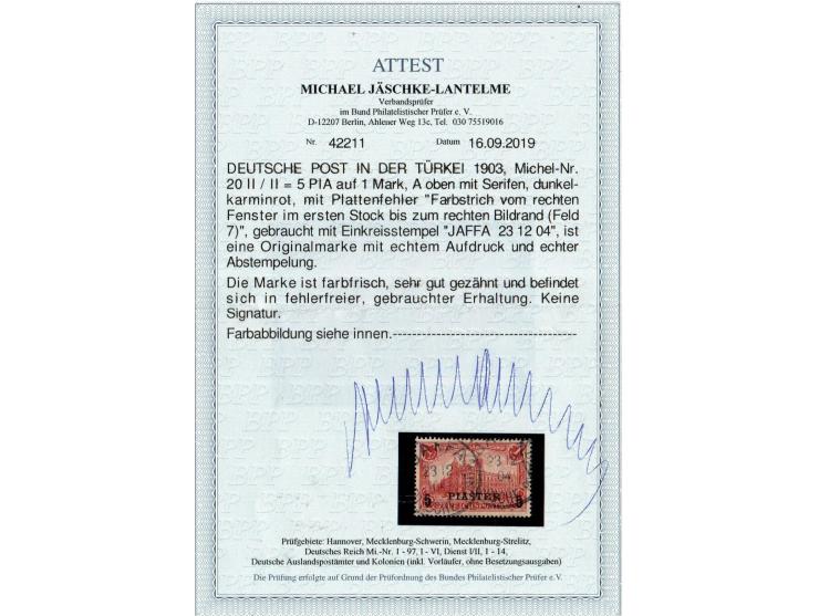 1900 5 Pia. on 1 Mk. in overprint type II, with PLF "color line from the right window to the right edge of the picture", clea