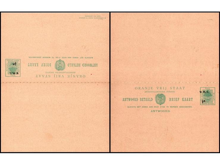 1900 Mint Orange River Colony Postal Stationery Reply Postcard Half Penny Green.On the Antwoord Card, overprint shift to the 