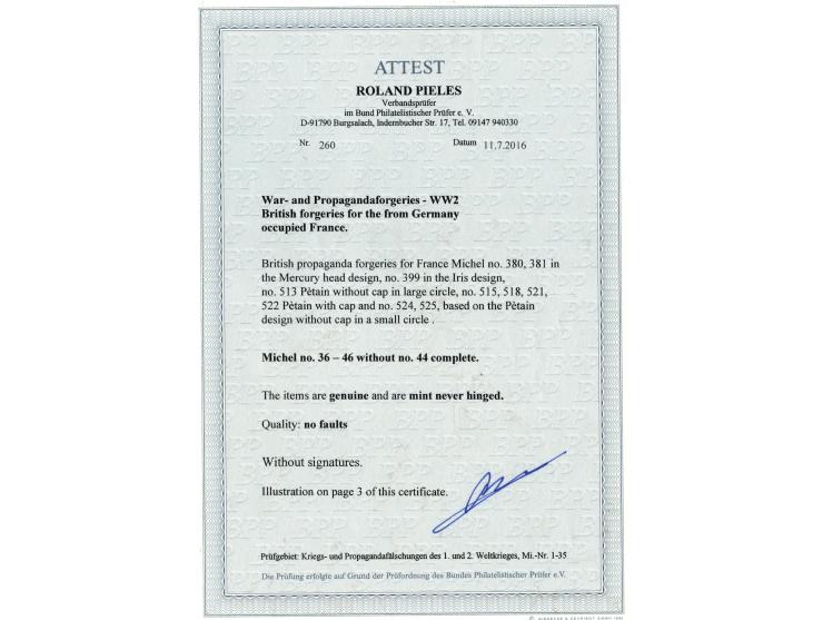 1941, British Propaganda Forgeries for German ocupiation in France  Michel no. 36 to 46 complette without no 44, in perfect m