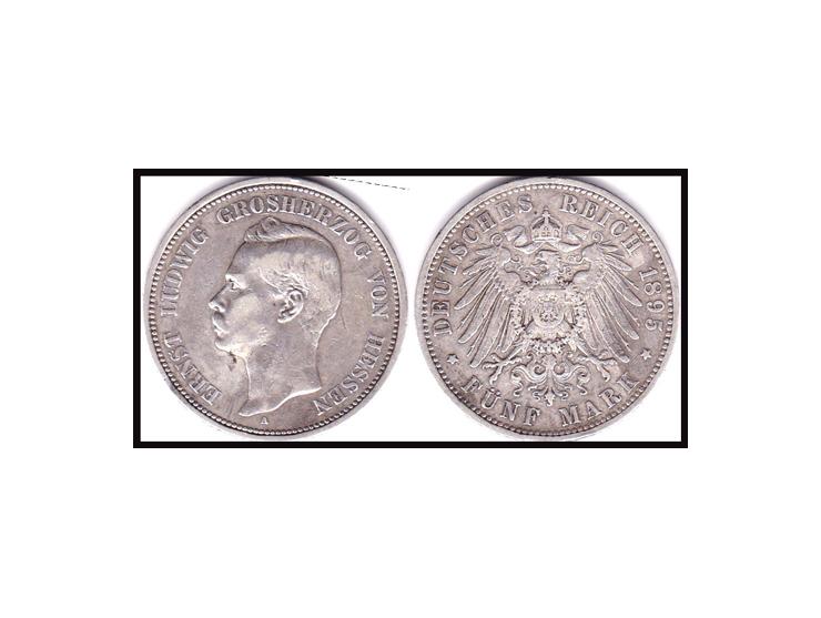 Hesse-Darmstadt. Ernst Ludwig 5 Mark 1895-A VF35, Berlin mint, KM369, Dav-711. VF