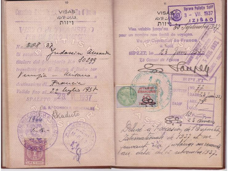 1937, Mandatory Palestine Passport. A 1937 Mandatory Palestine passport No 80299  Name Alexander Judassin. Contains many stam