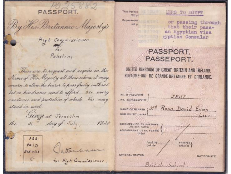 1928, Mandatory Palestine Passport. Rosa David Enoch Levi Alexander Judassin. passport No 2837  stamped canceled visas from v